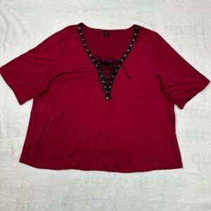 SHEIN Curve Lace Up Top 4XL Dark Pinkish Red Black Tie Up Front V-Neck Cotton